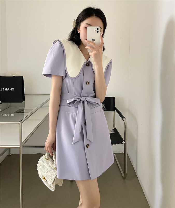 [lemon tree] temperament baby collar color matching single breasted dress (with belt) 66231# XYY
