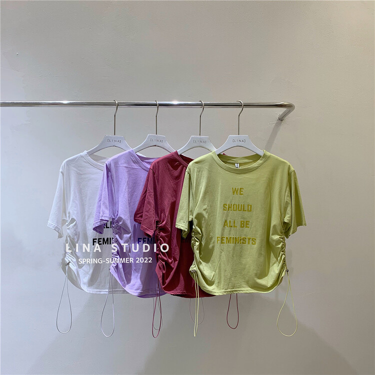 New in early summer! [Lina] Korean round neck letter drawstring short sleeve T-shirt 8842# zxx