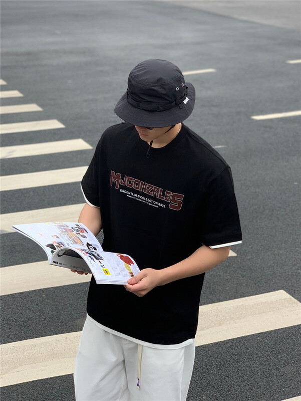 goods in stock! New in early summer! [quick simple] round neck color blocking letter printing short sleeve T-shirt 22041# ZZL