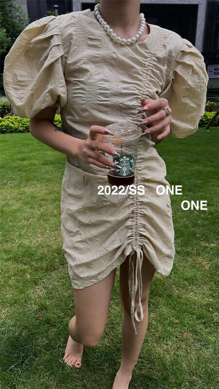 [one] drawstring bubble sleeve slim dress 18192# ozq