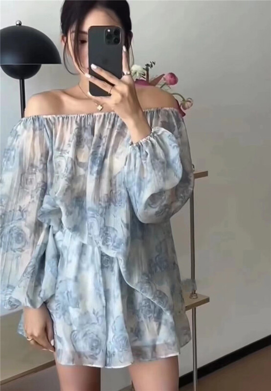 [Korean C family] Chiffon one shoulder shirt + elastic waist casual Shorts Set 9410# PCZ