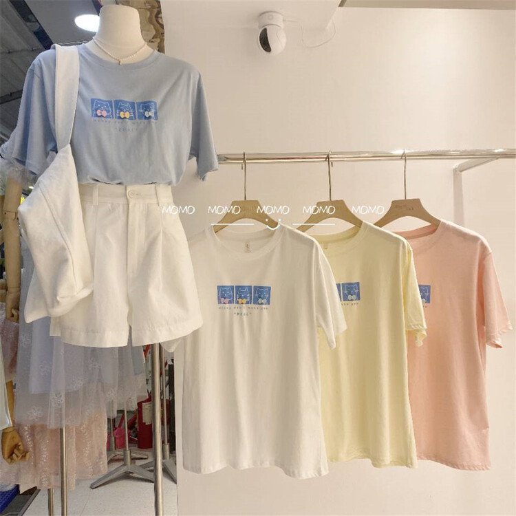 [Momo] Korean simple casual printed short sleeve T-shirt 3889# HBx