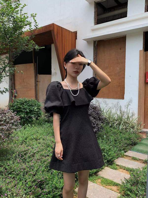 [ward front] bubble sleeve square neck temperament dress w6152# zxl
