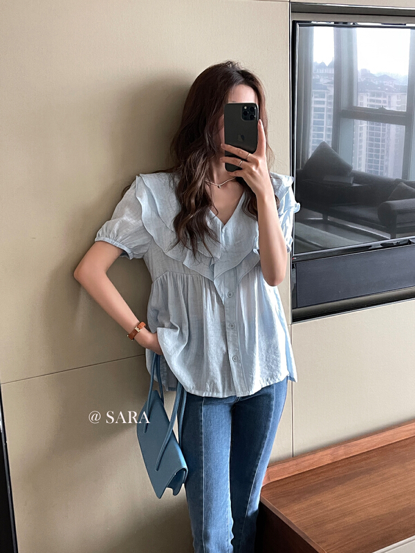 [Sara] Korean V-neck double ruffled lazy blouse 16980# lwy