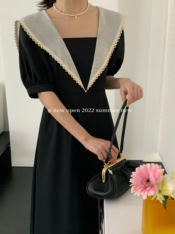 [new open] French retro contrast lace Lapel high waist dress hl22820# zxl