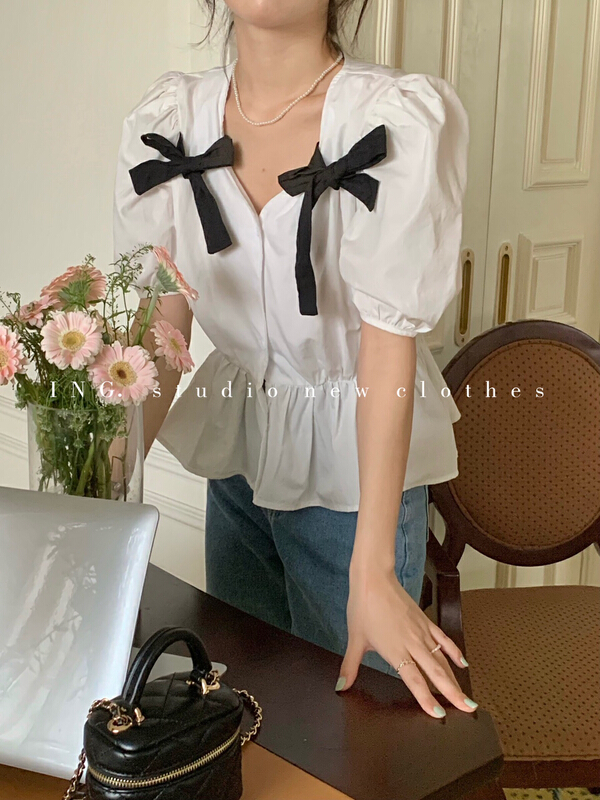 New in early summer! [ing] sweet and versatile contrast bow shirt 7248# ZSY