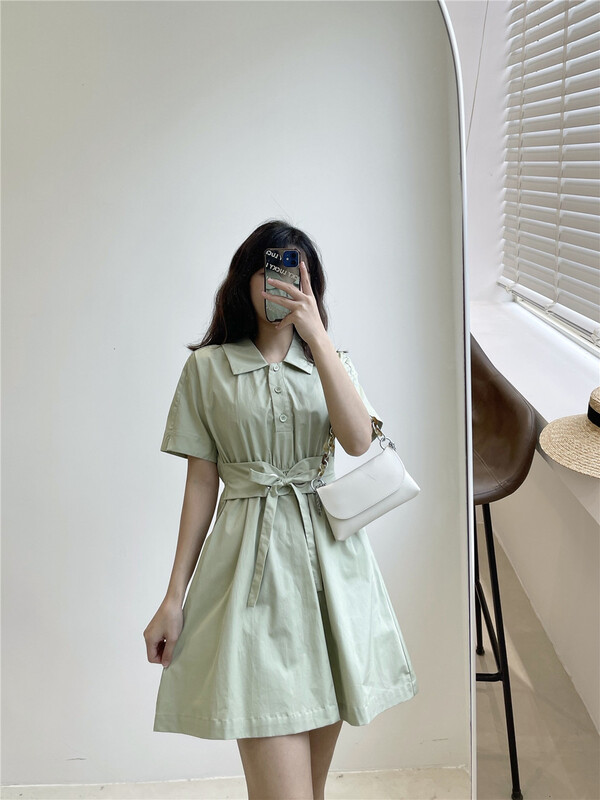 【WOO WOO SHOP】純色壓褶短袖連衣裙  62613#  WPL