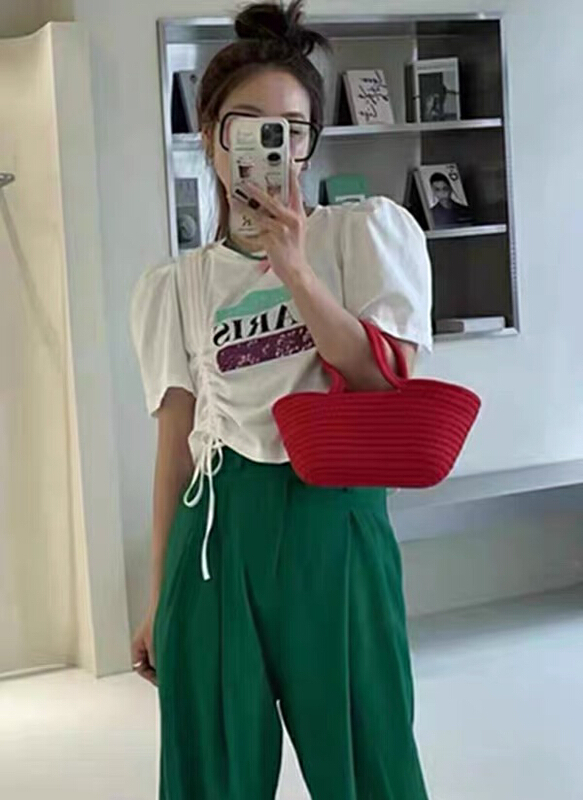 New in early summer! [Yuanxi · elements] bubble sleeve pleated Korean versatile letter printed short sleeve T-shirt 1888# WTT