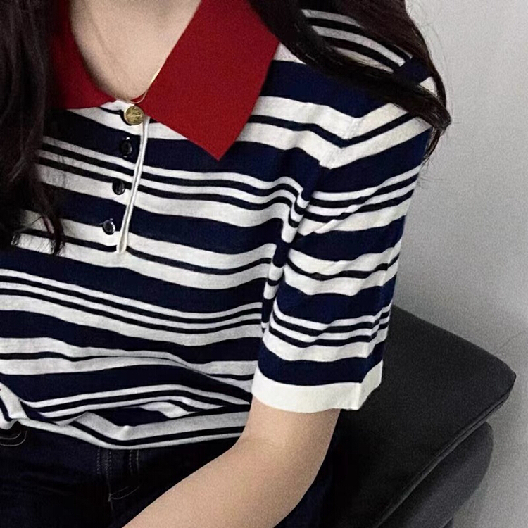 [f · P] polo collar contrast Short Sleeve Striped T-shirt 50052# HBx