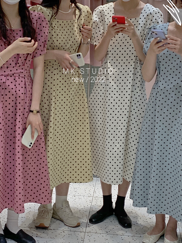 [Chen] square neck style wave point thin dress 3158# hjy