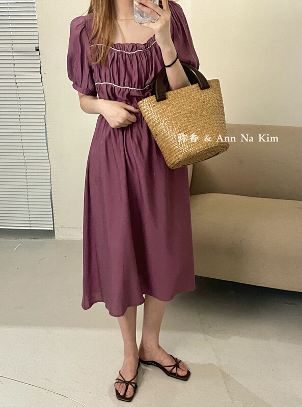 [Mi Xiang] small chest design pearl slim square neck dress 5302# hjy