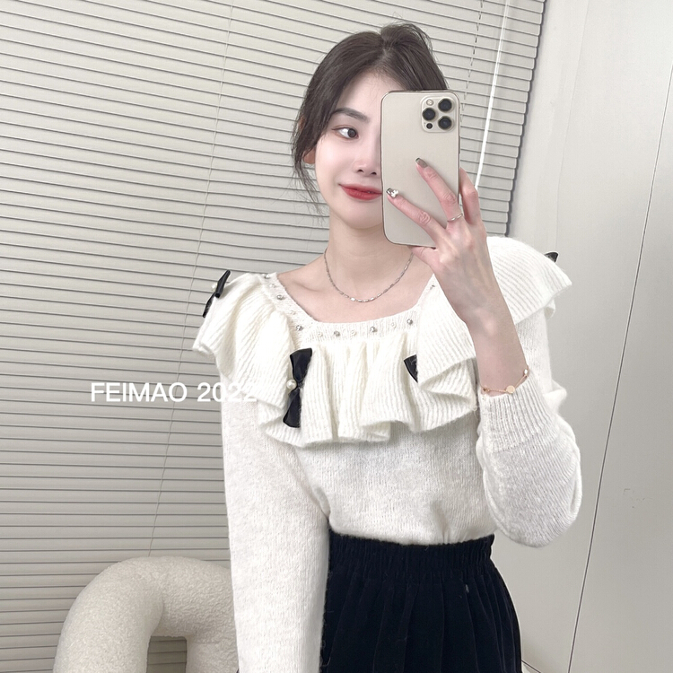 [Feimao Philippine cat] round neck bow temperament warm sweater (non detachable jewelry) ym-9366# LSL