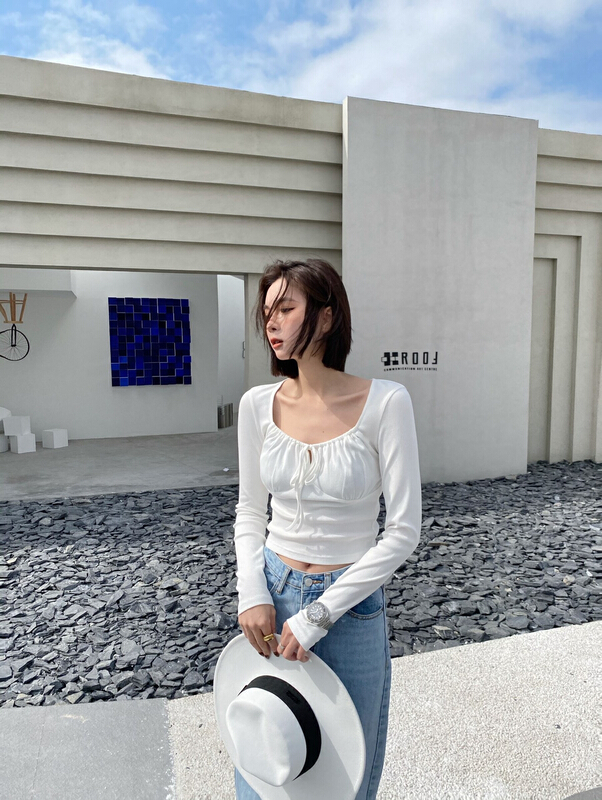 [Za] French square neck lace up short shirt 10361# LSL