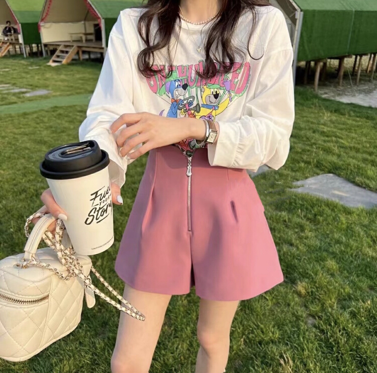[y.jia Yijia] age reducing cartoon printed loose long sleeve T-shirt + casual Shorts Set 8990# PCZ