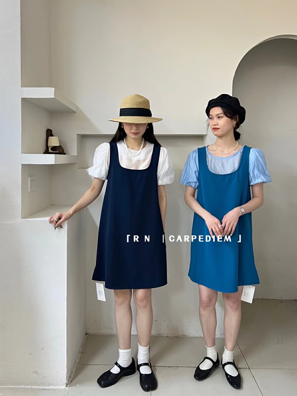 [R n] Korean version age reducing sleeveless suspender dress + Tencel bubble sleeve small shirt set 80951# ll