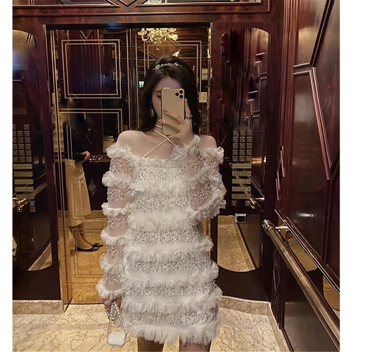 goods in stock! New year in early spring! [Xiye] fairy temperament high sense Sequin dress g1057# JJ