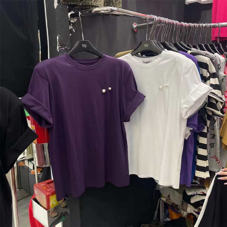 [Yu] loose, simple and versatile short sleeve T-shirt (with detachable pearl) 11235# cqw