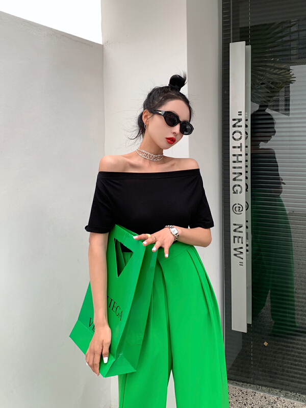 [Yuanxi] versatile off shoulder solid short sleeve T-shirt ys5-3018# LSL