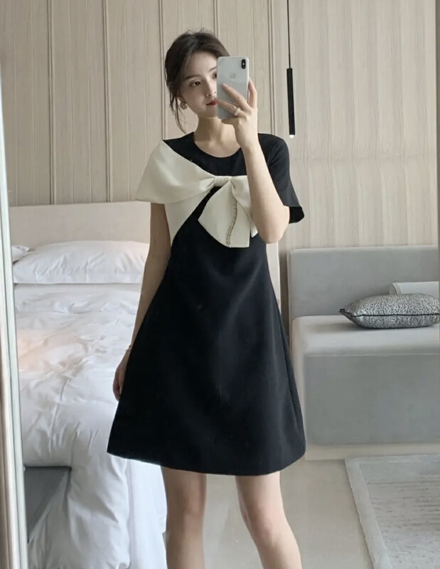 [JH] Rhinestone bow contrast dress 41617# PCZ