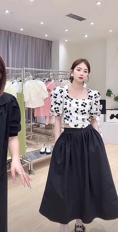 New in early summer! [Feimao Philippine cat] slim print shirt + casual casual skirt suit ym-7486# LSL