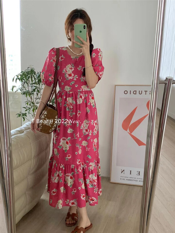 [t.bear] French style round neck print dress 28517# zxx