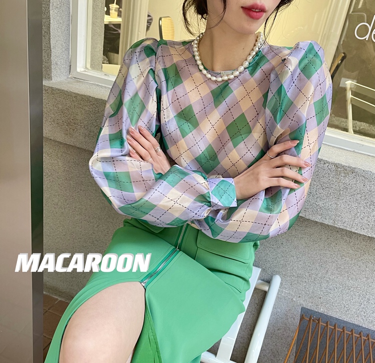 現貨!早春上新！【MACAROON】復古格子圓領泡泡袖雪紡衫  7719#  PCZ