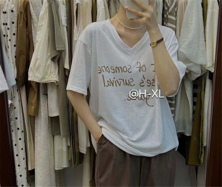 [h-xl] simple V-neck letter short sleeve T-shirt 3521# XYY