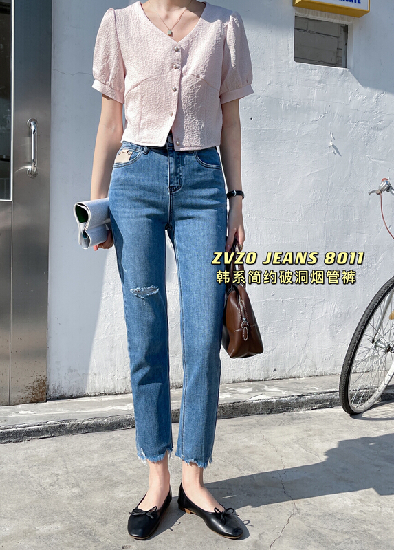 Original price 98.99! New year in early spring! [zvzo] Korean style simple pierced straight cropped jeans lz8011# CLS