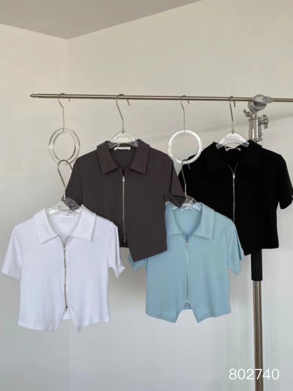 New year in early spring! [June] solid color versatile elastic cotton polo neck double zipper short sleeve T-shirt 802740# XYY