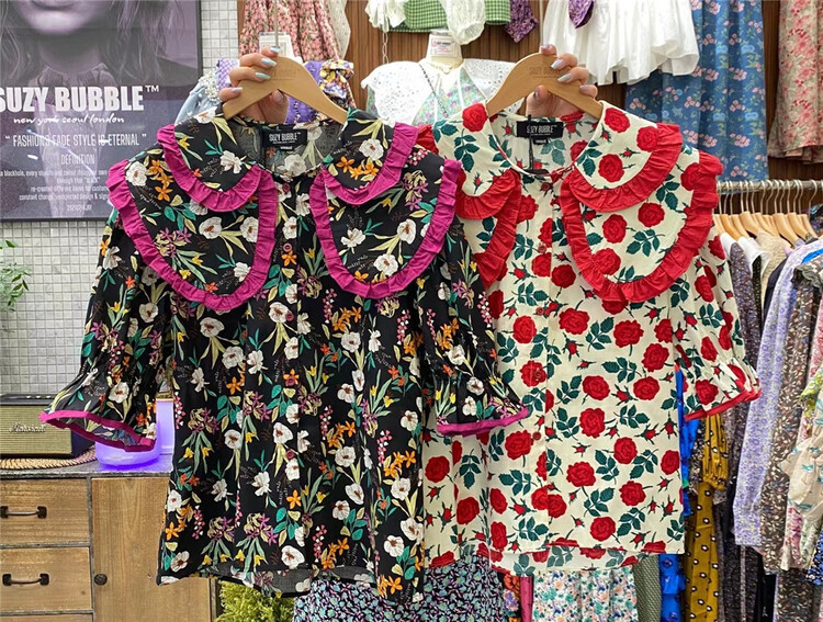 [N21] Vintage double layer doll neck floral blouse ys3-1089# WPL