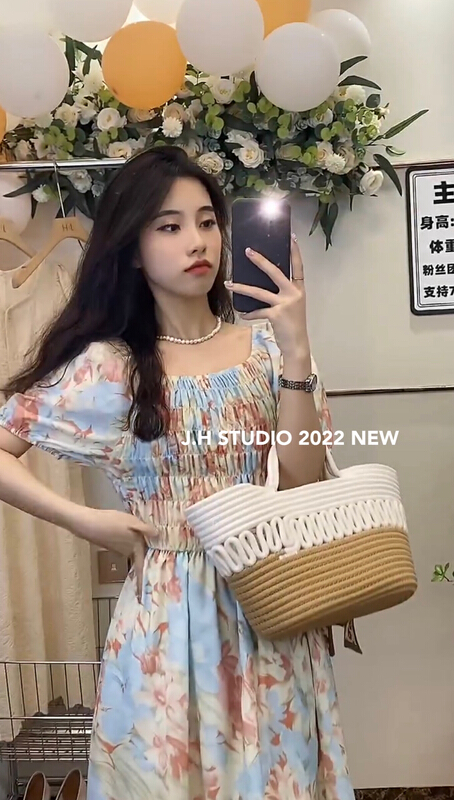 New in early summer! [JH] net red small fragrance big flower square collar dress 41498# PCZ