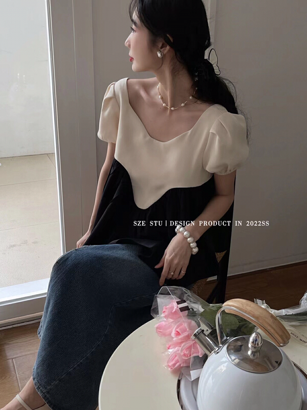 [Sze] Korean fashion V-neck color contrast doll shirt 90533# zxx