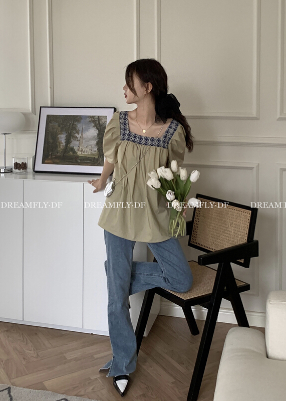 [dream fly] special square neck bubble sleeve shirt 61205# XJ
