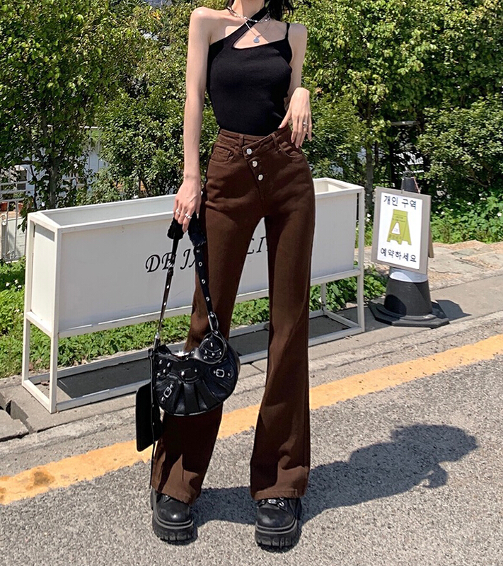 [four seasons] Vintage spice girl high waist diagonal buckle micro trumpet jeans 29590# LSL