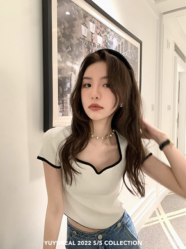 New year in early spring! [by] square neck long sleeve knitted foreign style versatile blouse 7990 short sleeve # HBx