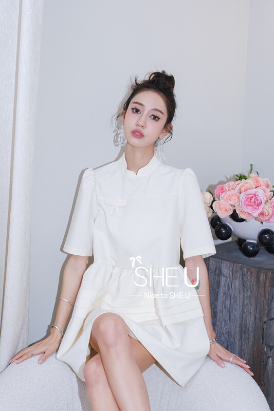 [she u] national style bow tie bubble sleeve stand collar dress c88033# cqw