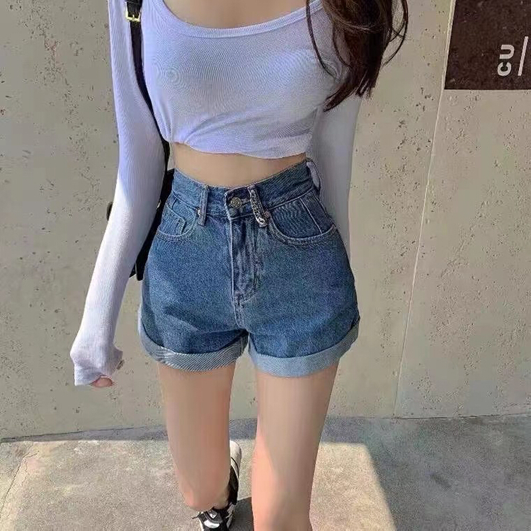 [hgyc fairy tale princess] small chain flanging high waist denim shorts h6079# JJ