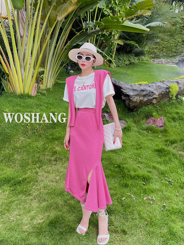 New in early summer! [woshang woshang] new letter short sleeve T-shirt + Korean fashion Skirt Set (with shawl) 1185# XYJ