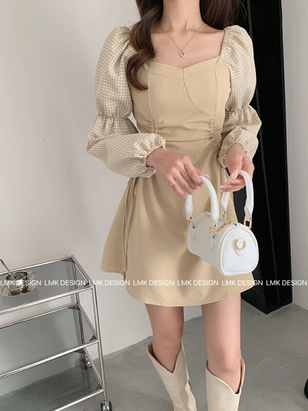 [LMK] Korean small man temperament drawstring square neck long sleeve dress 2162# hjy