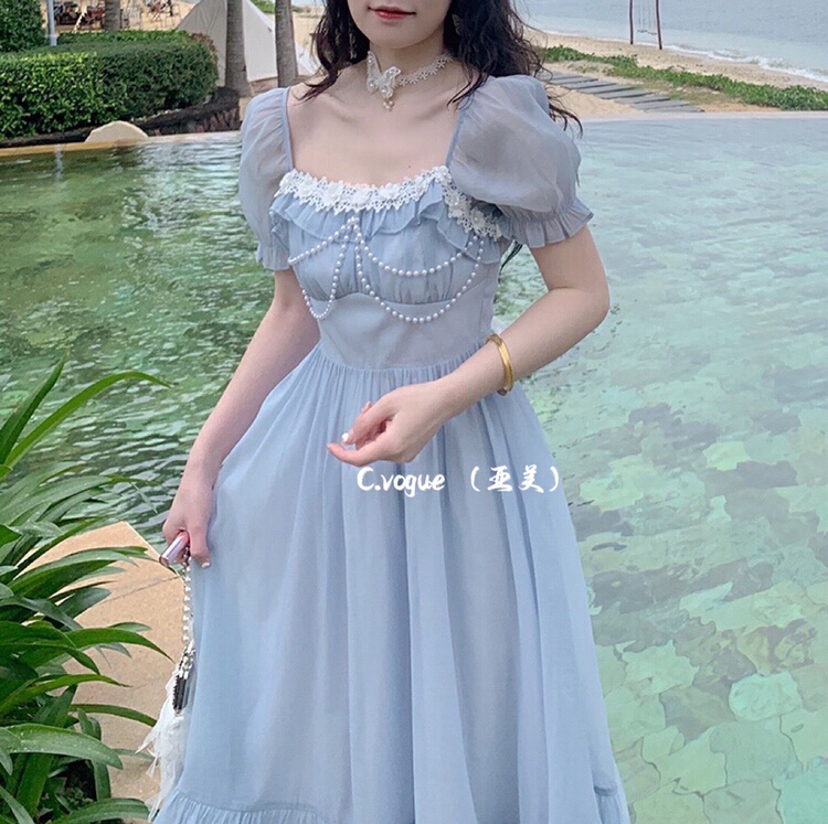 New in early summer! [c.vogue] French retro court style pearl square neck bow tie dress 29790# PCZ