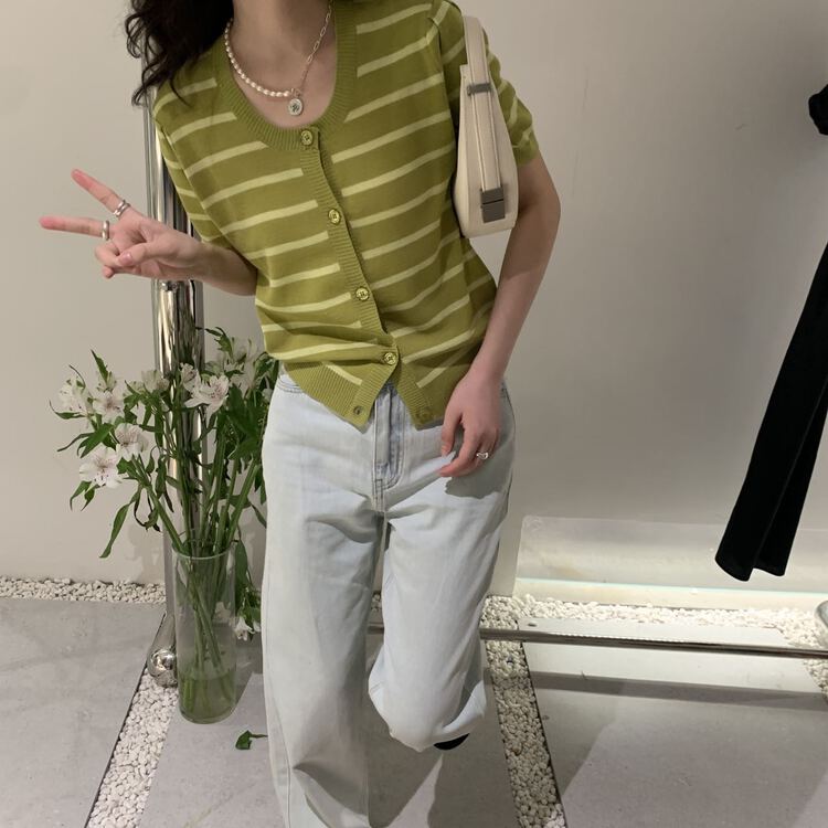 [ohhhh] Korean style texture versatile stripe knitted cardigan 1501# CLS