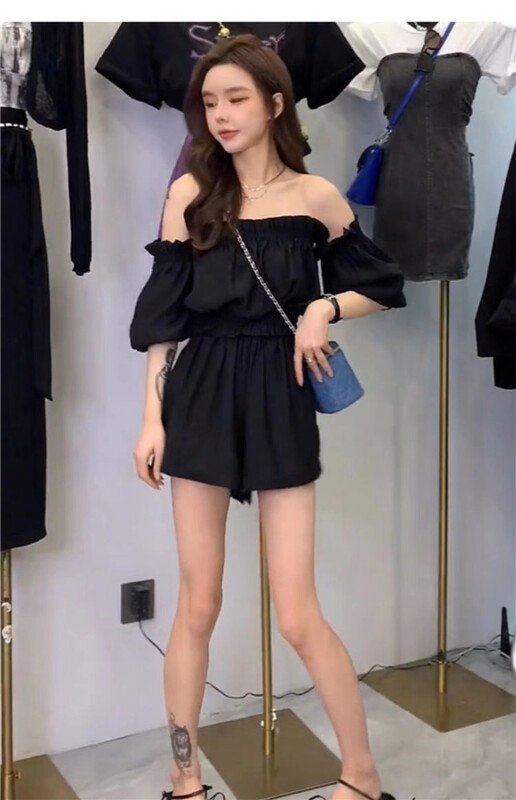[top] line shoulder thin shirt + high waist lace up work clothes casual Shorts Set ys1-8038# zjy