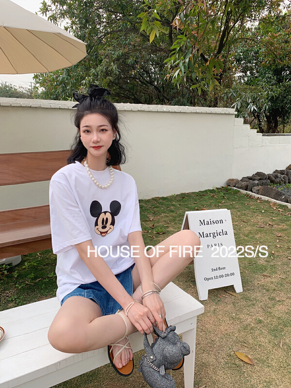 [huohuohuo huodres] versatile simple loose Mickey print round neck short sleeve T-shirt 22095# ozq