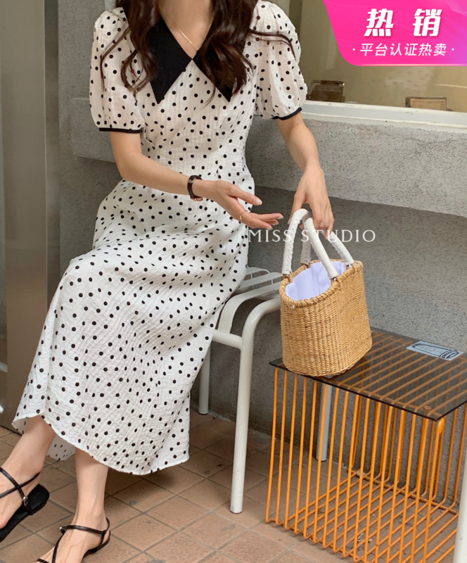 [miss miss miss home] color blocking Lapel polka dot dress f2231# zjy