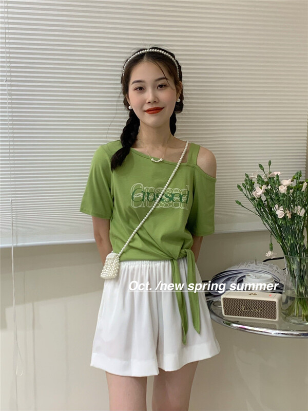 [OCT] Korean small fresh off shoulder short sleeve T-shirt ys1-1599# hjy