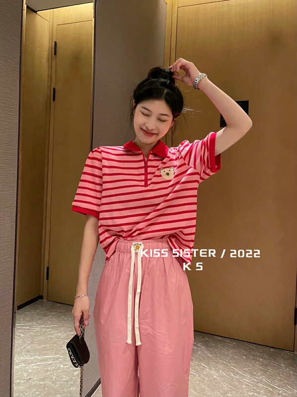 [kiss sister] Korean version versatile exquisite bear embroidery stripe short sleeve polo shirt 9185# ozq