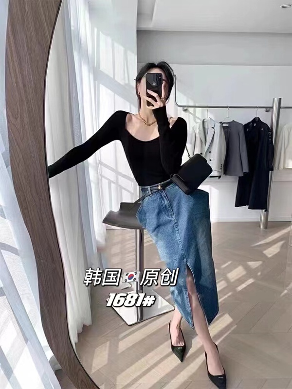 [Korean original] three dimensional pocket design front slit fishtail denim skirt 1681# L
