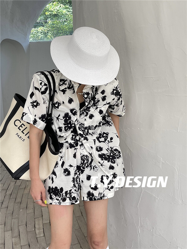 [T.Y tangyuanjia] letter over printed Vintage shirt + casual Shorts Set 2068# ozq