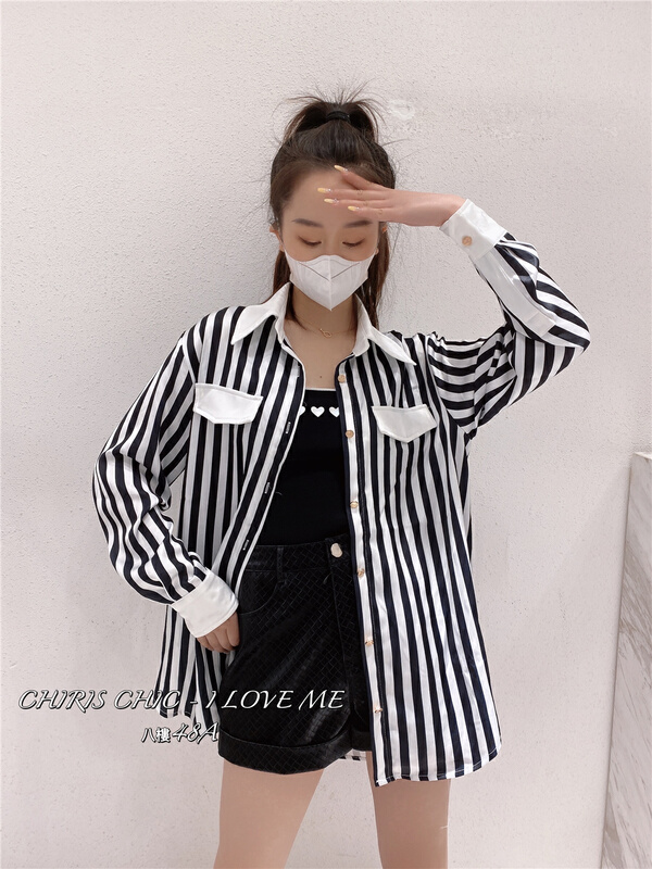 Original price: 123.95! New year in early spring! [iris chic] striped single breasted versatile shirt 220071# ozq