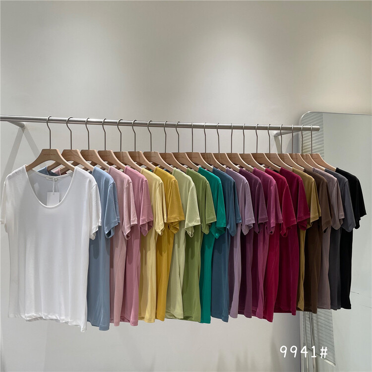 New in early summer! [fifth moon] candy color versatile U-neck textured short sleeve T-shirt 9941# CLS